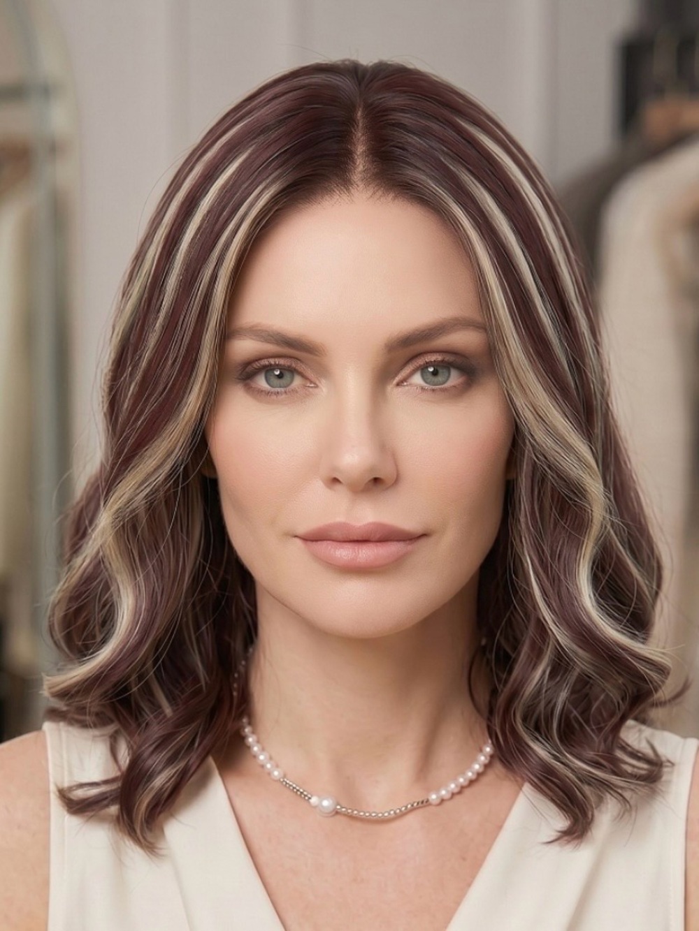 Women's Layered Wig in Auburn Brown with Blonde Highlights - Sleek Center Part
